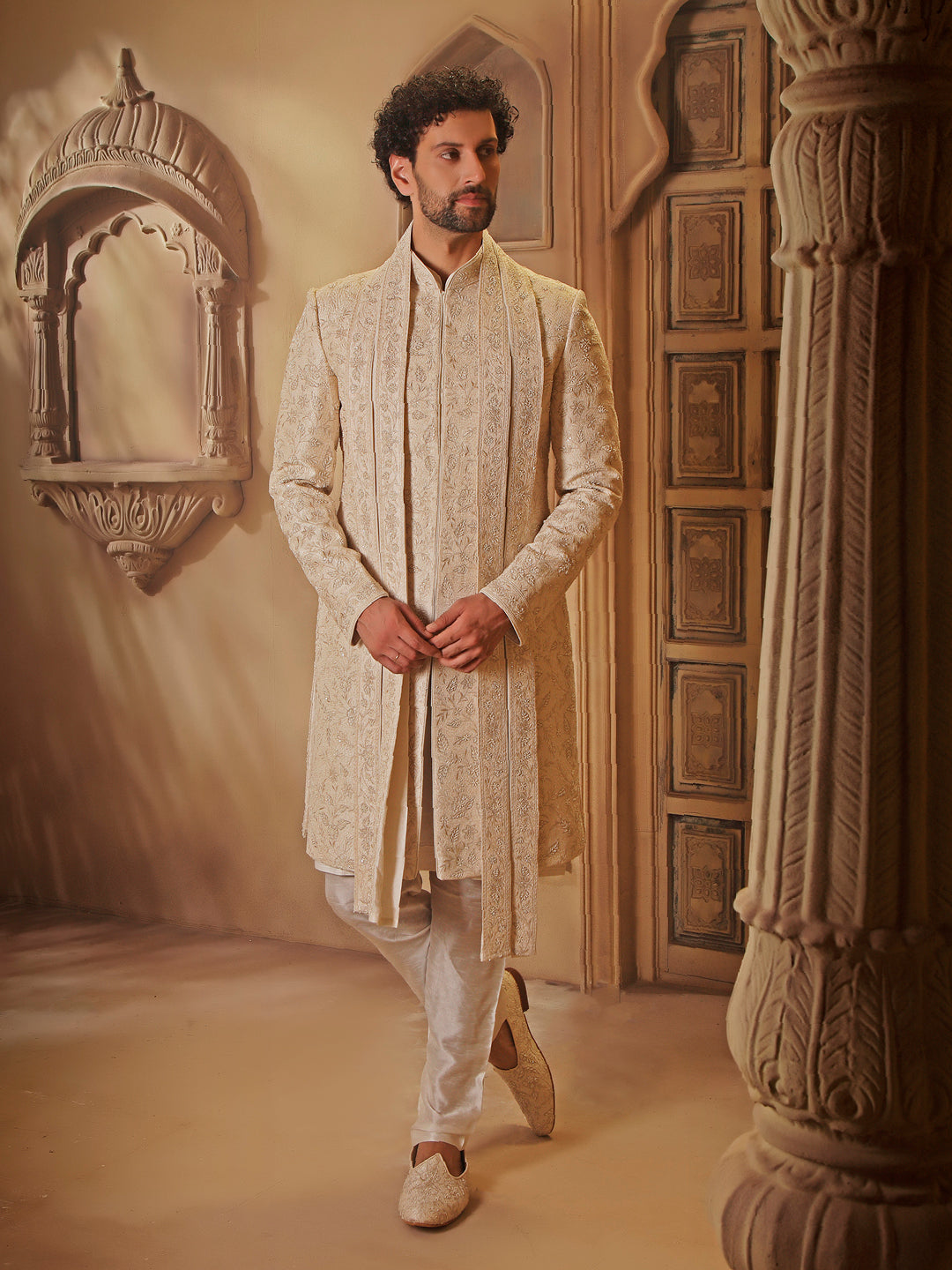 RAWSILK SHERWANI SET WITH ALLOVER EMBROIDERY