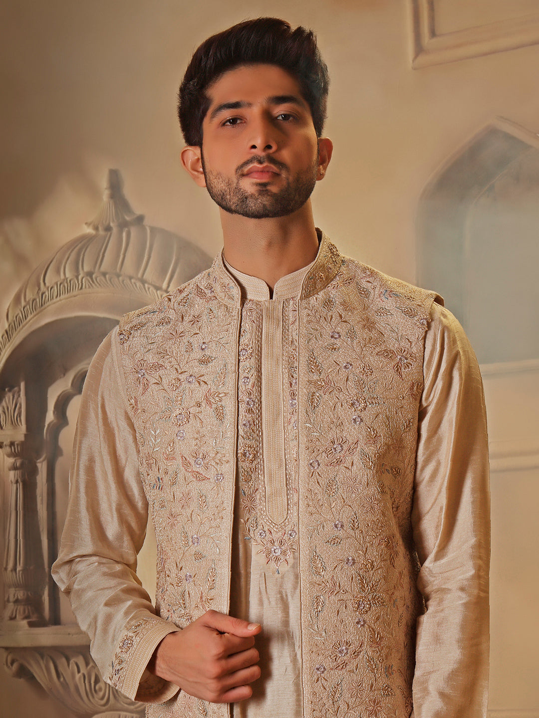 RAWSILK KURTA BUNDI SET WITH MULTI THREAD EMBROIDERY