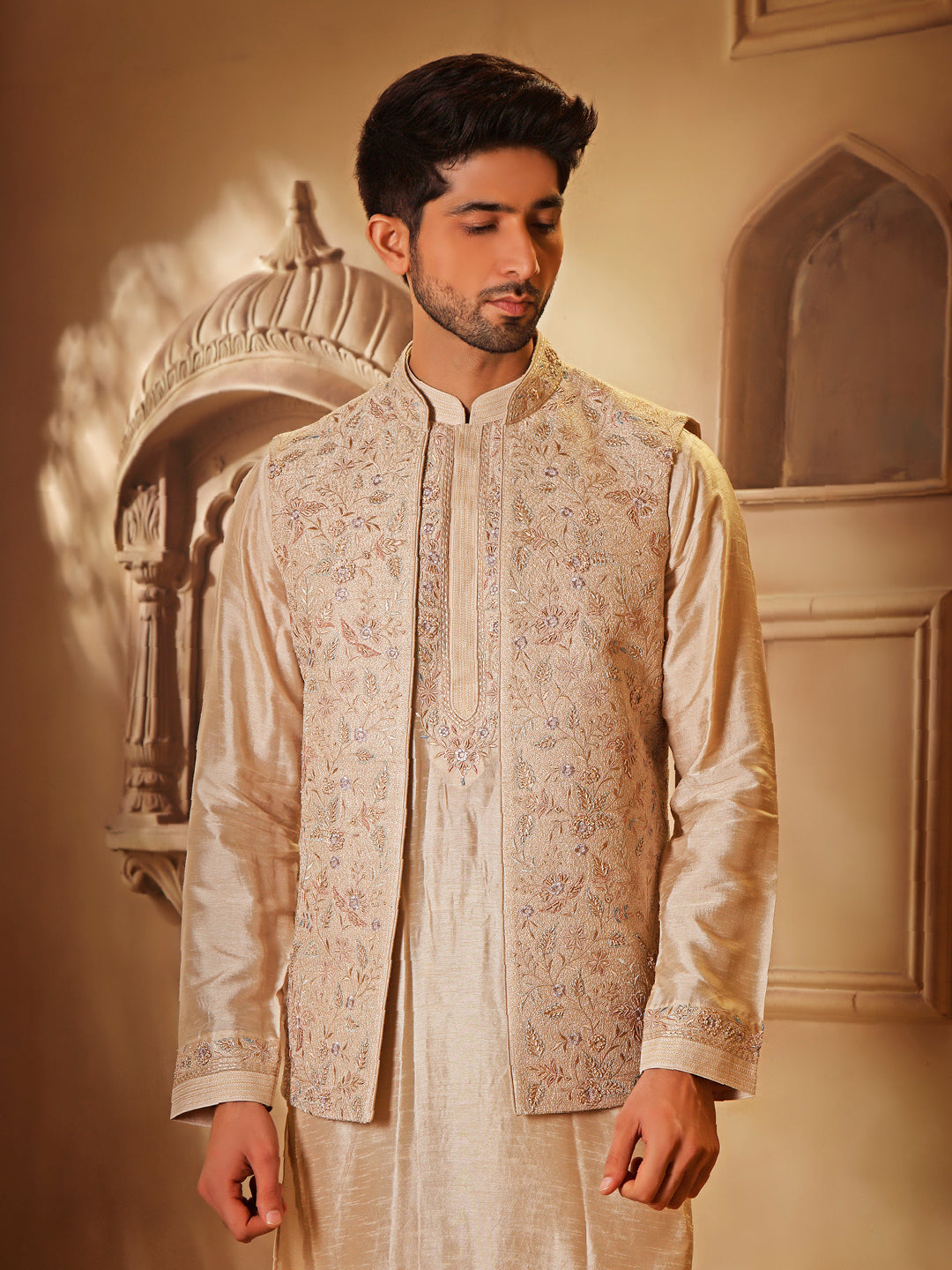 RAWSILK KURTA BUNDI SET WITH MULTI THREAD EMBROIDERY