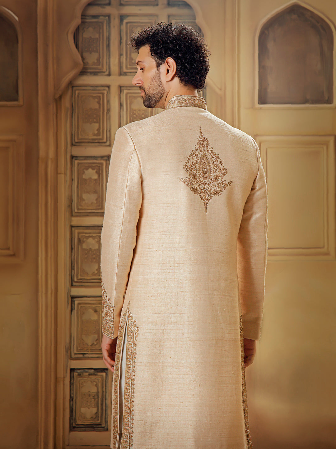 BEIGE SHERWANI WITH TILLA EMBROIDERY