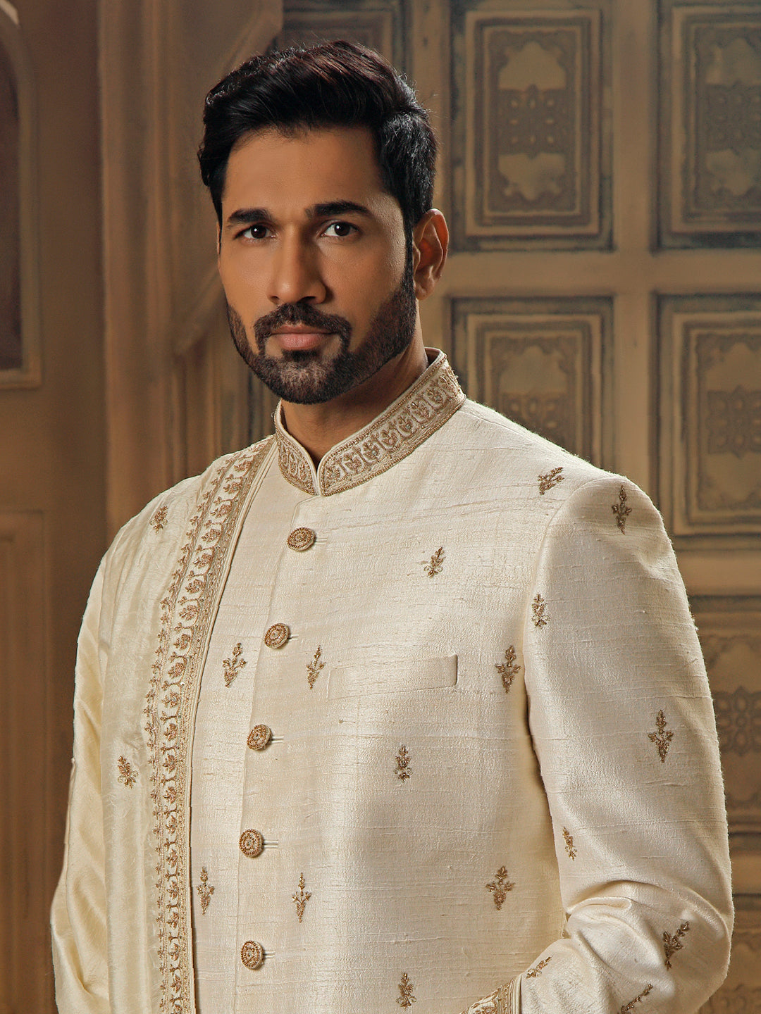 PEARL SHERWANI WITH TILLA EMBROIDERY