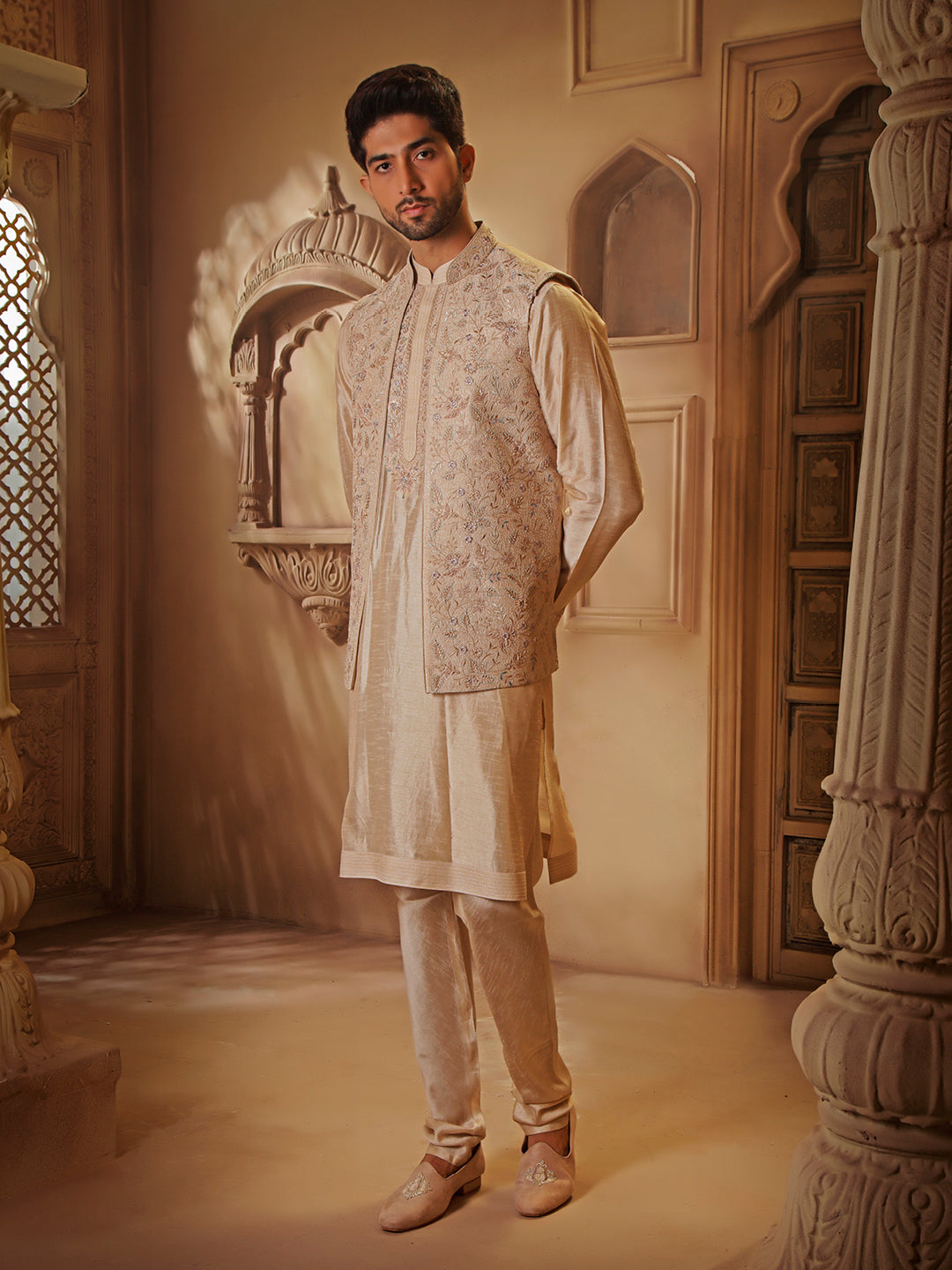 RAWSILK KURTA BUNDI SET WITH MULTI THREAD EMBROIDERY