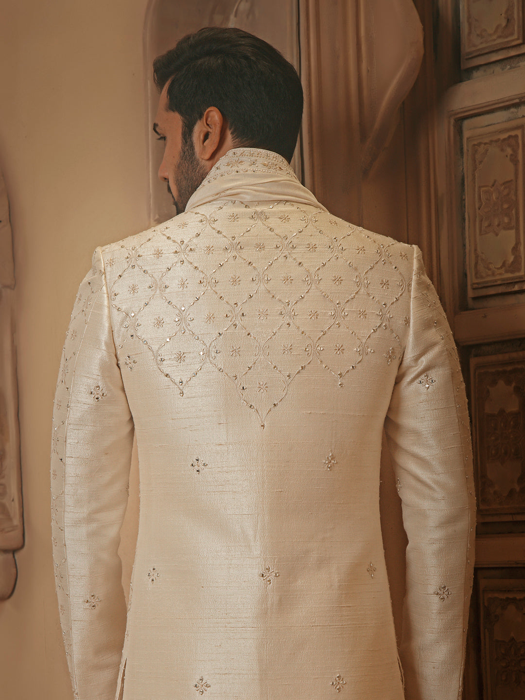 RAWSILK SHERWANI SET WITH MIRRORWORK EMBROIDERY