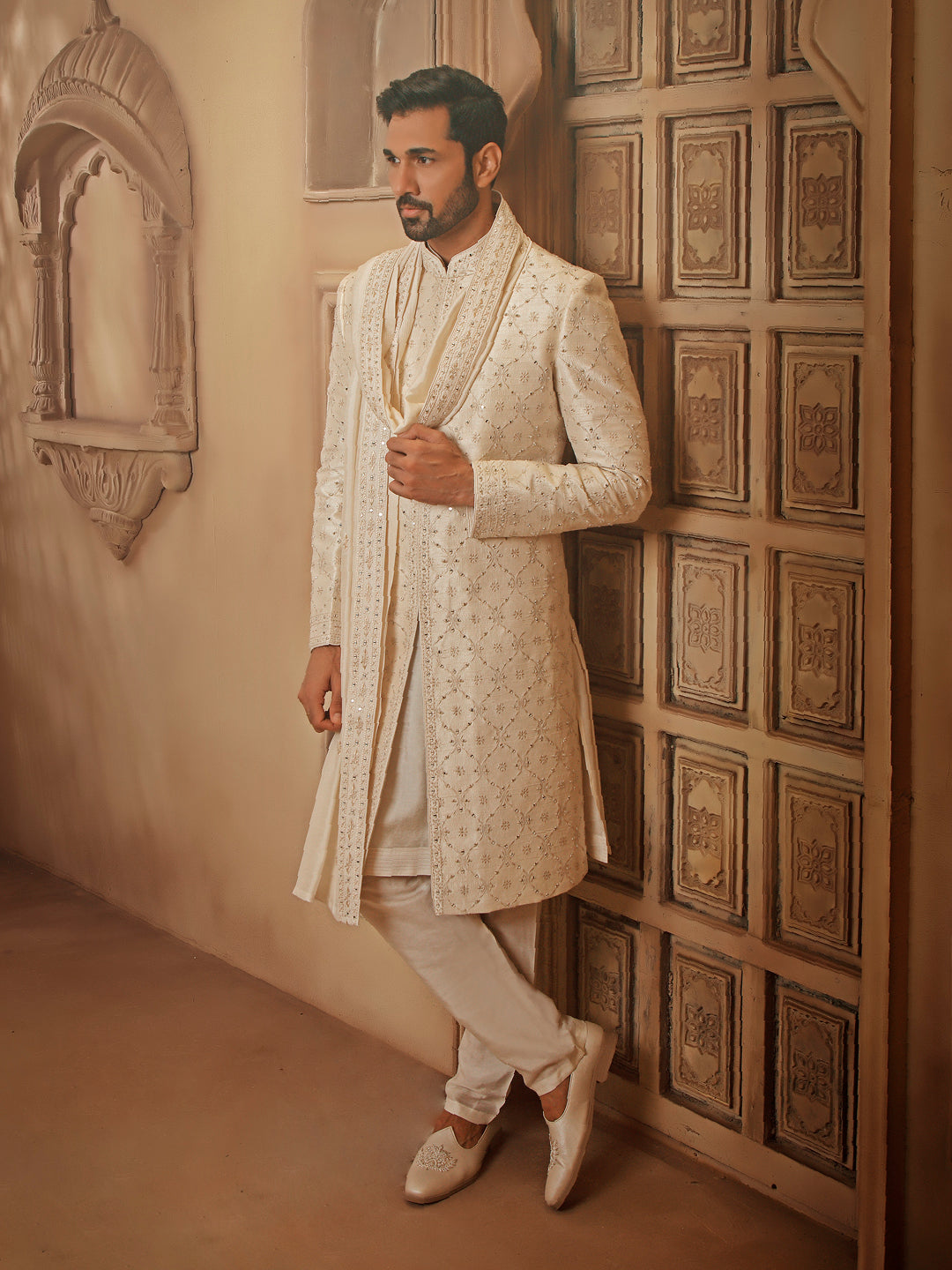 RAWSILK SHERWANI SET WITH MIRRORWORK EMBROIDERY