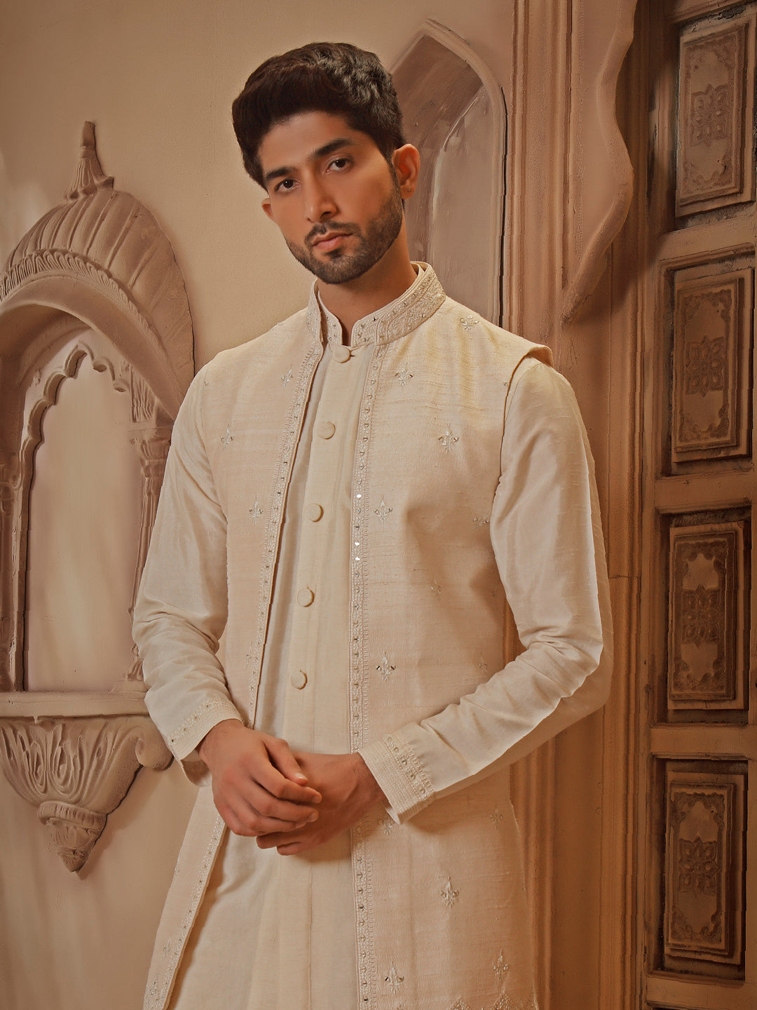 RAWSILK KURTA LONG BUNDI SET WITH MIRRORWORK EMBROIDERY