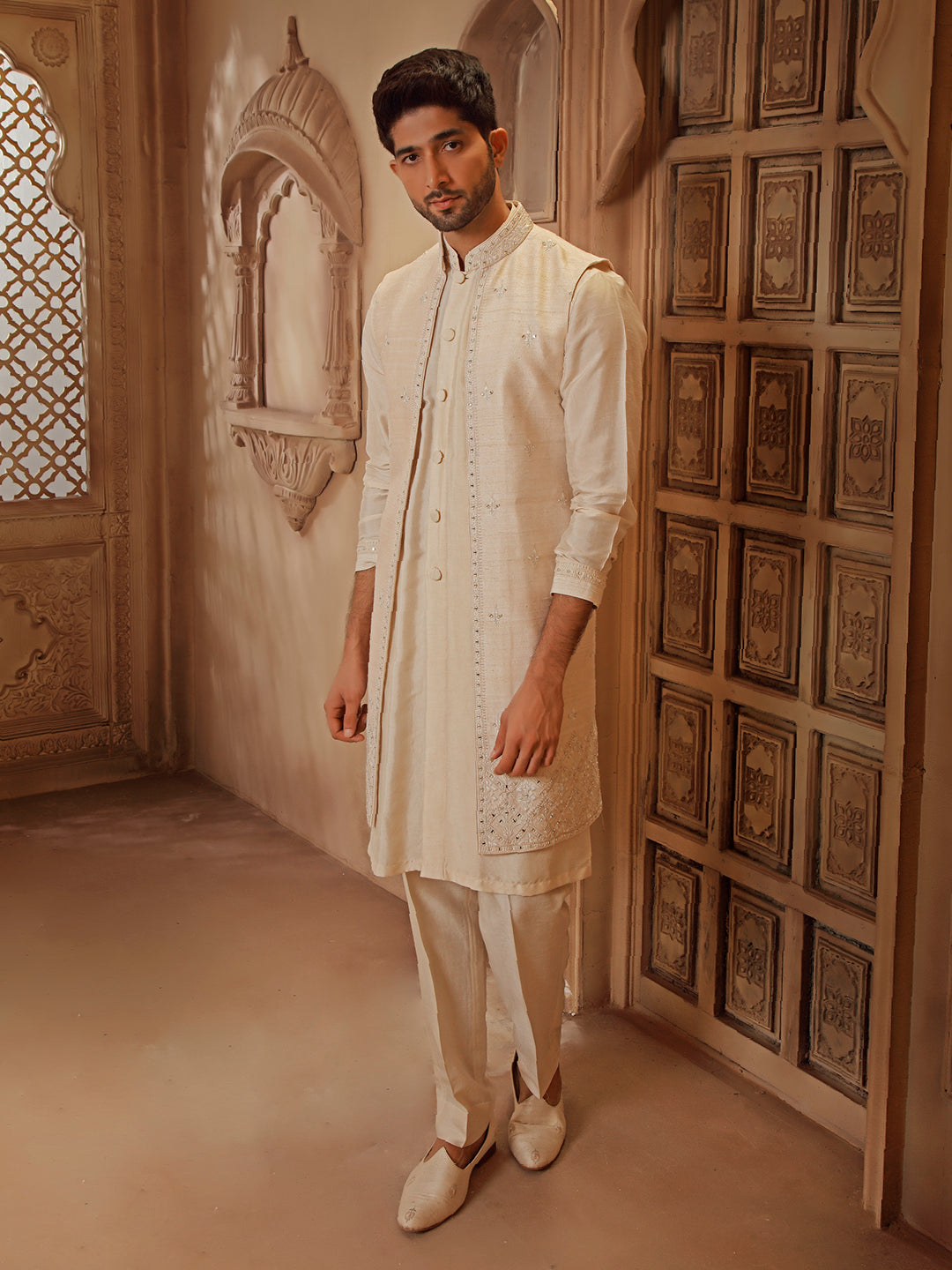 RAWSILK KURTA LONG BUNDI SET WITH MIRRORWORK EMBROIDERY