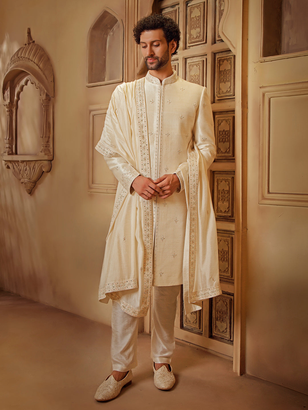 RAWSILK SHERWANI SET WITH MIRRORWORK EMBROIDERY