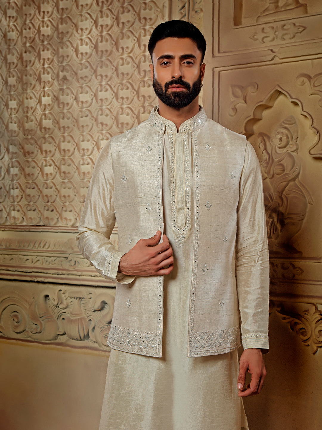 RAWSILK KURTA BUNDI SET WITH MIRRORWORK EMBROIDERY