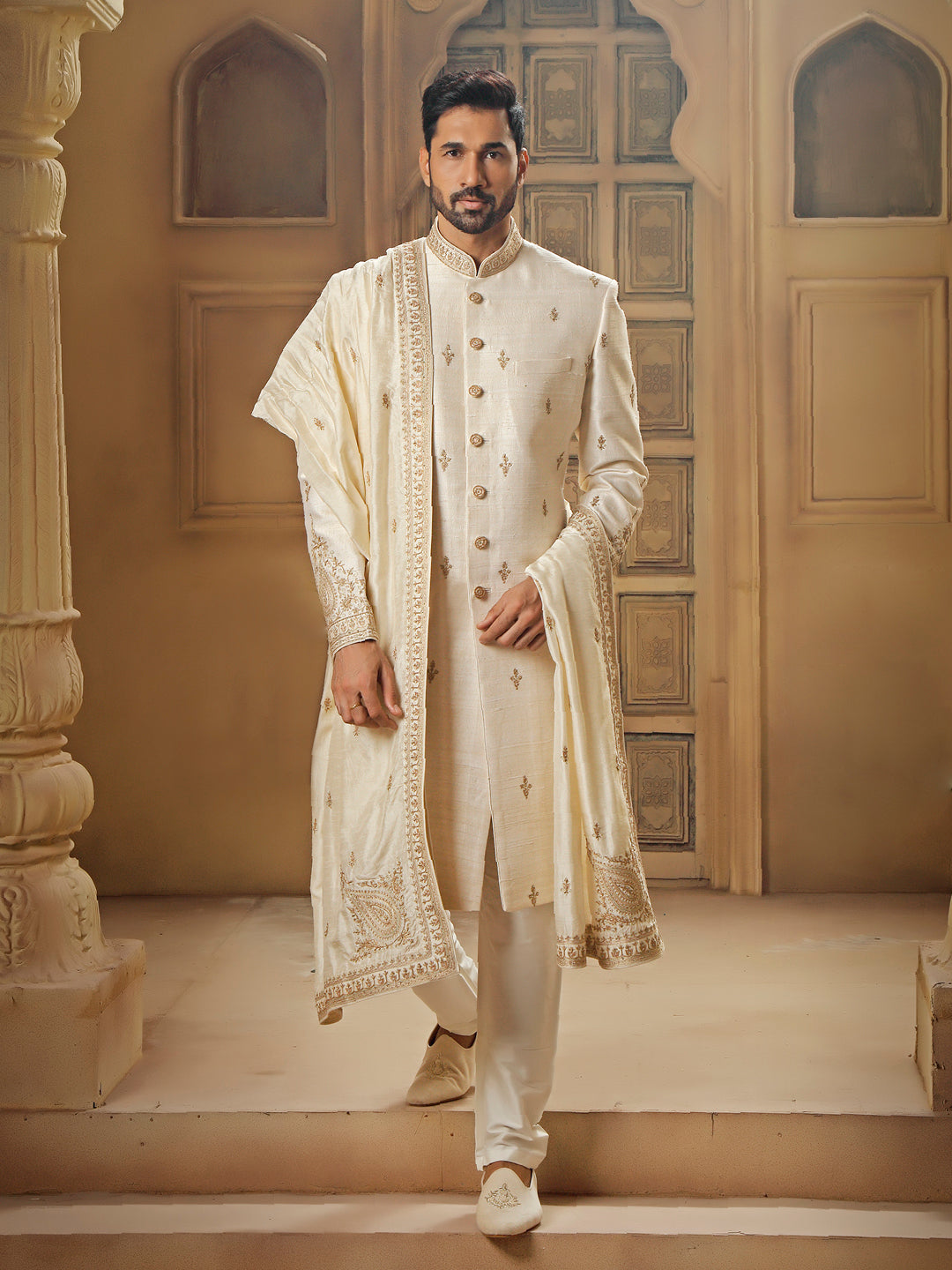 PEARL SHERWANI WITH TILLA EMBROIDERY