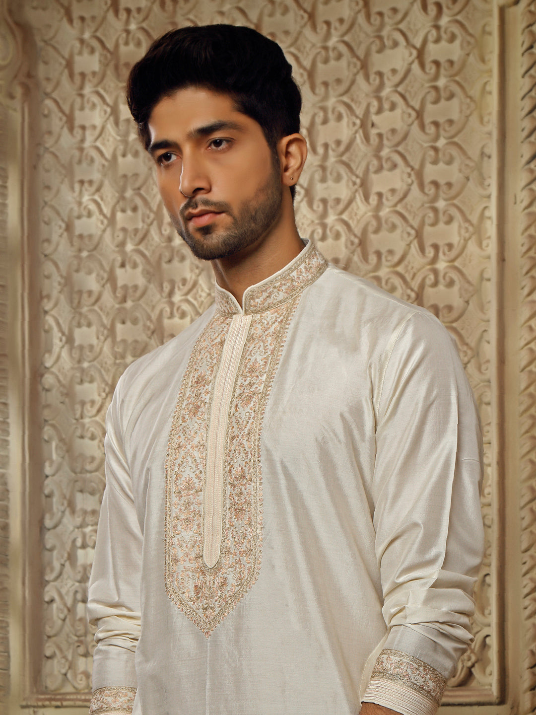 SPUNSILK KURTA SET WITH FINE PASTEL EMBROIDERY