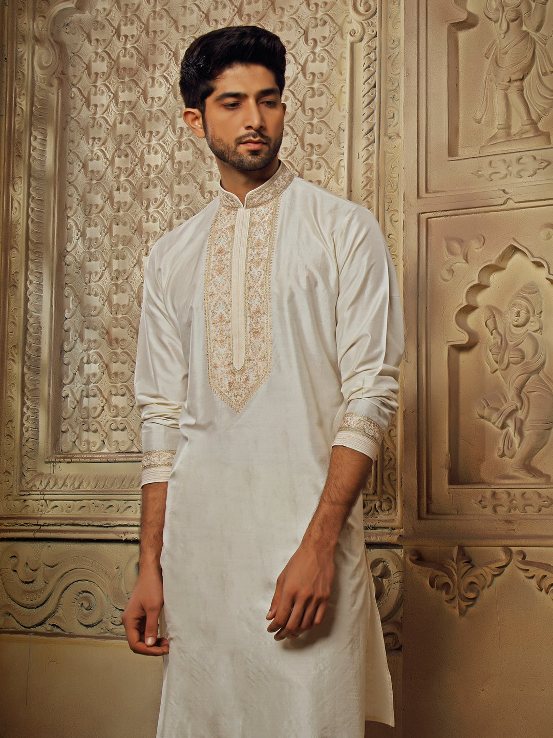 SPUNSILK KURTA SET WITH FINE PASTEL EMBROIDERY