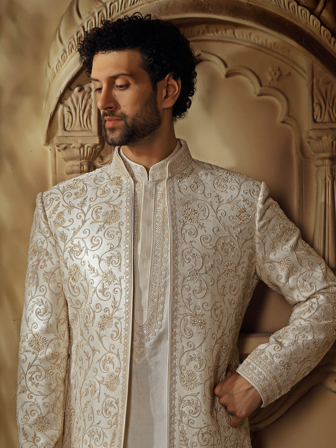 SPUN SILK SHERWANI SET WITH DORI AND PEARL EMBROIDERY