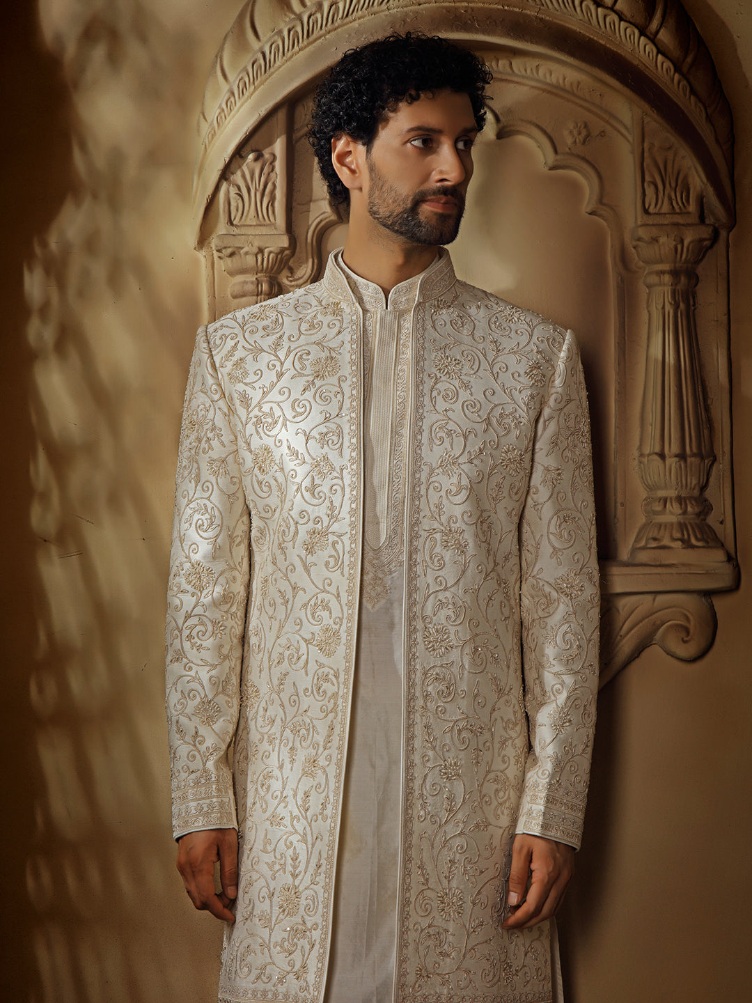 SPUN SILK SHERWANI SET WITH DORI AND PEARL EMBROIDERY