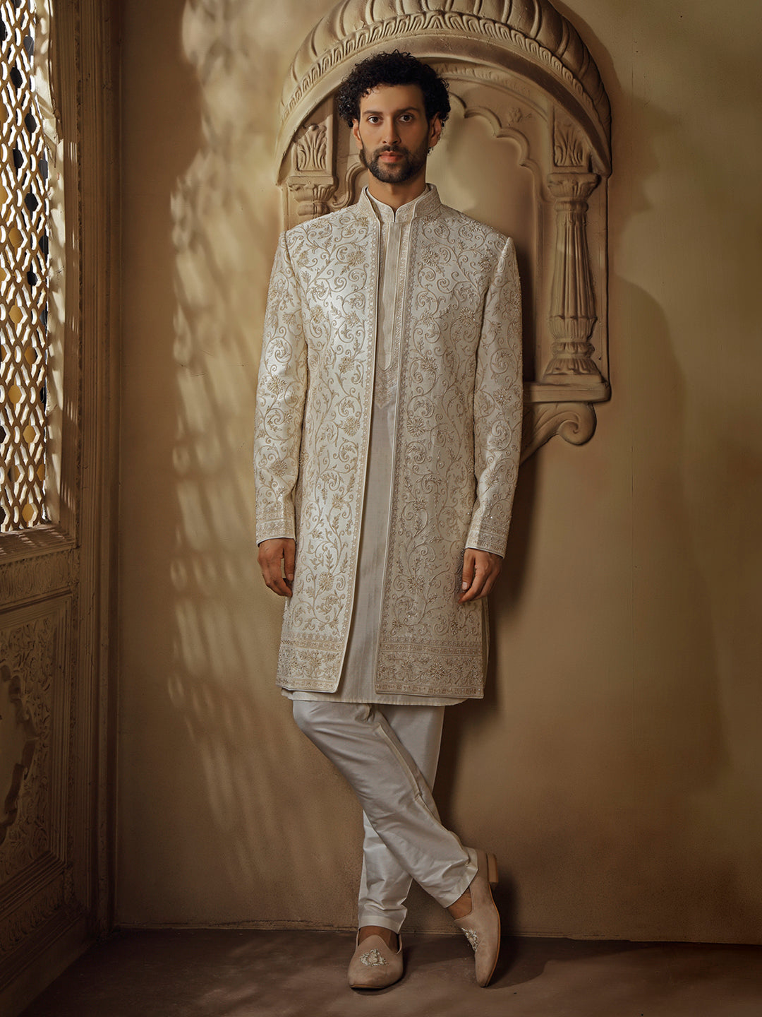 SPUN SILK SHERWANI SET WITH DORI AND PEARL EMBROIDERY