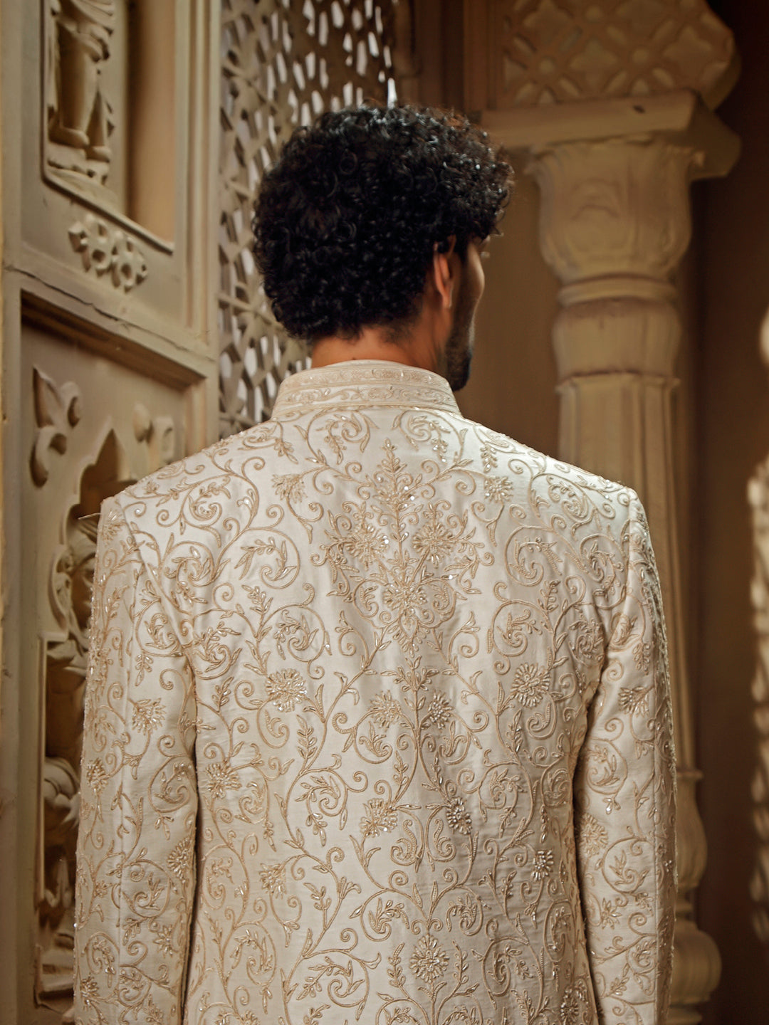 SPUN SILK SHERWANI SET WITH DORI AND PEARL EMBROIDERY