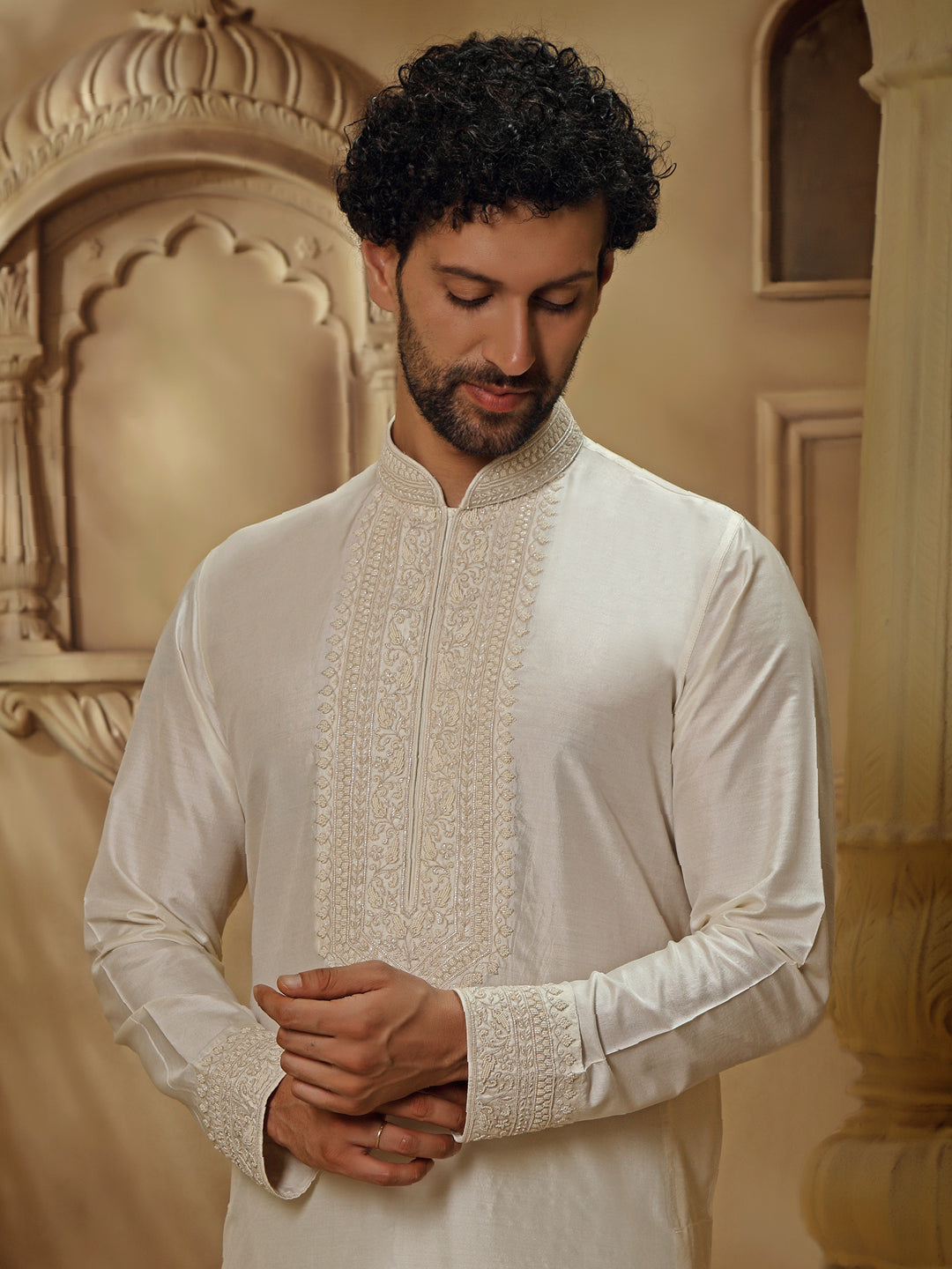 SPUN SILK KURTA SET WITH PEARL EMBROIDERY