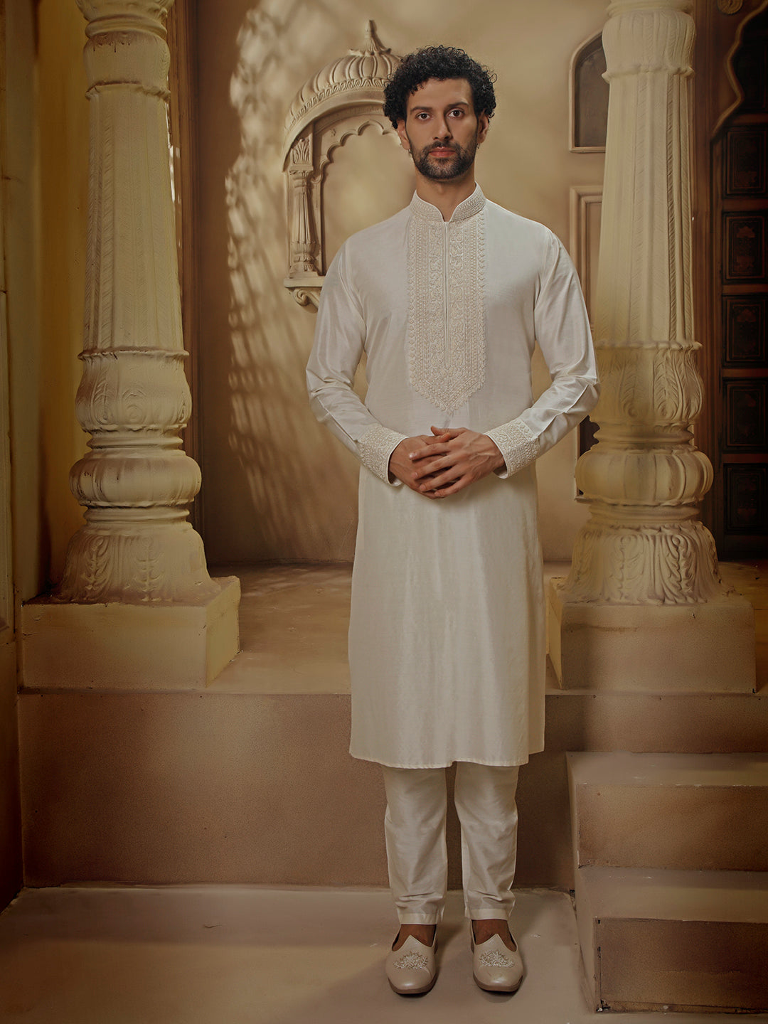 SPUN SILK KURTA SET WITH PEARL EMBROIDERY