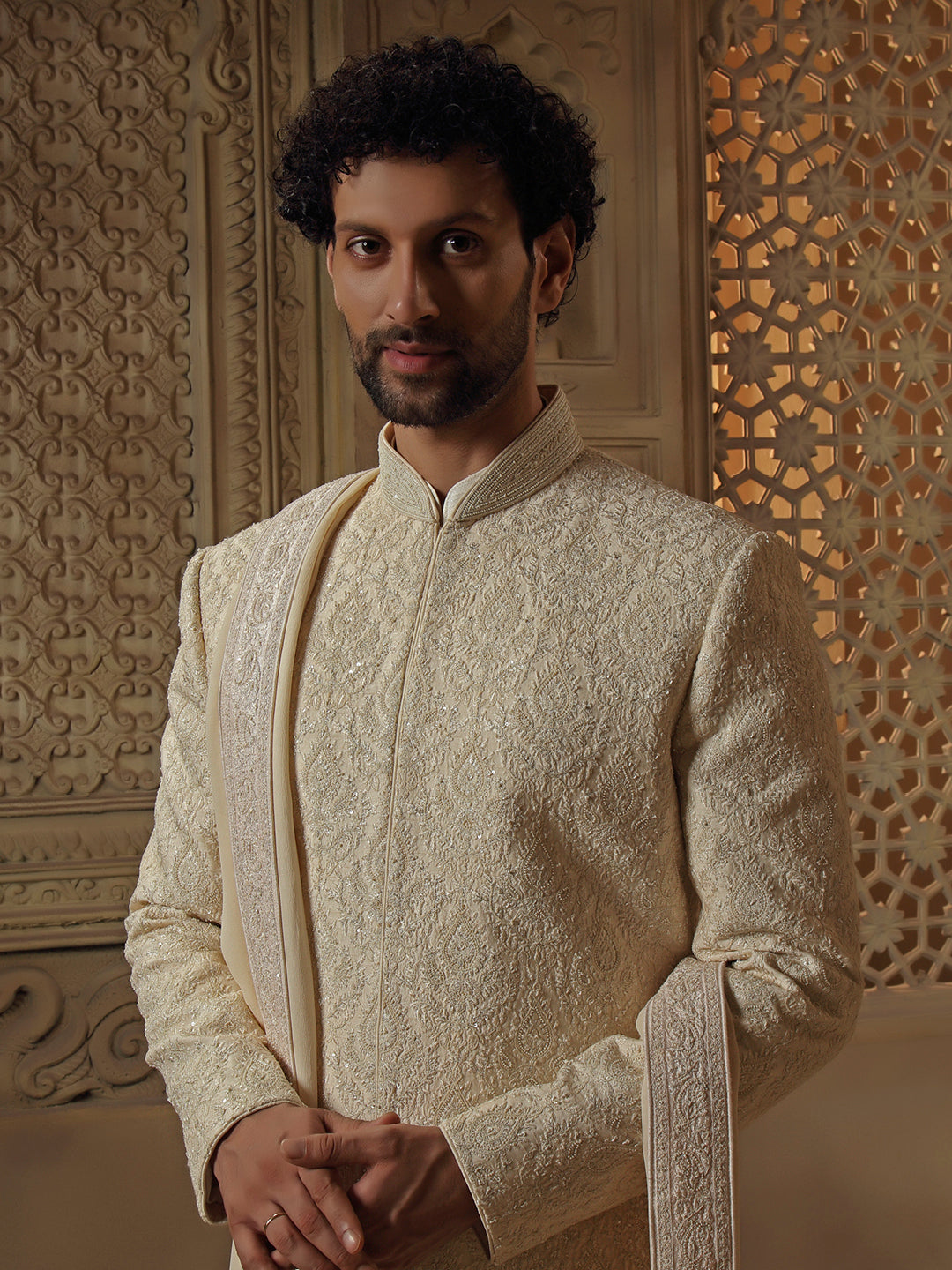 Beige All Over Pearl Jaal Sherwani Set