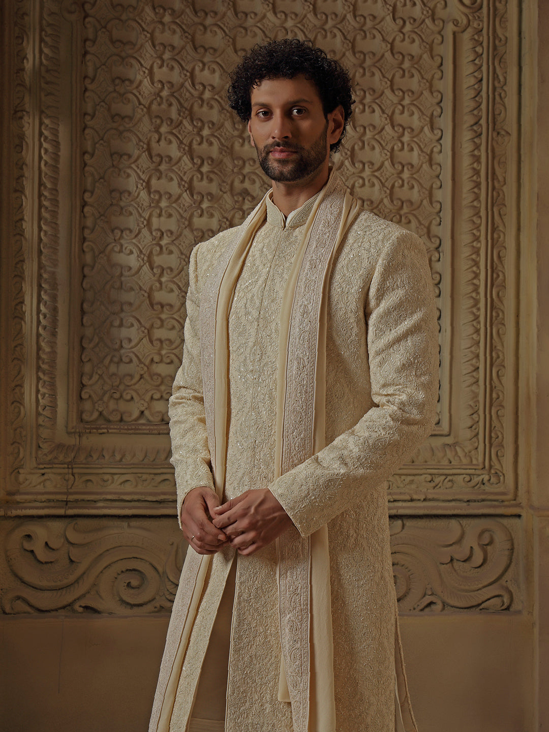 Beige All Over Pearl Jaal Sherwani Set