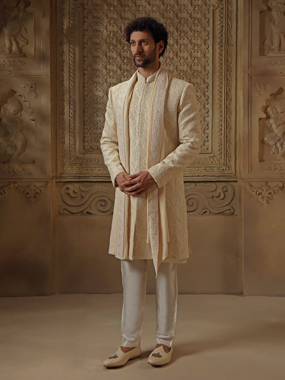 Beige All Over Pearl Jaal Sherwani Set