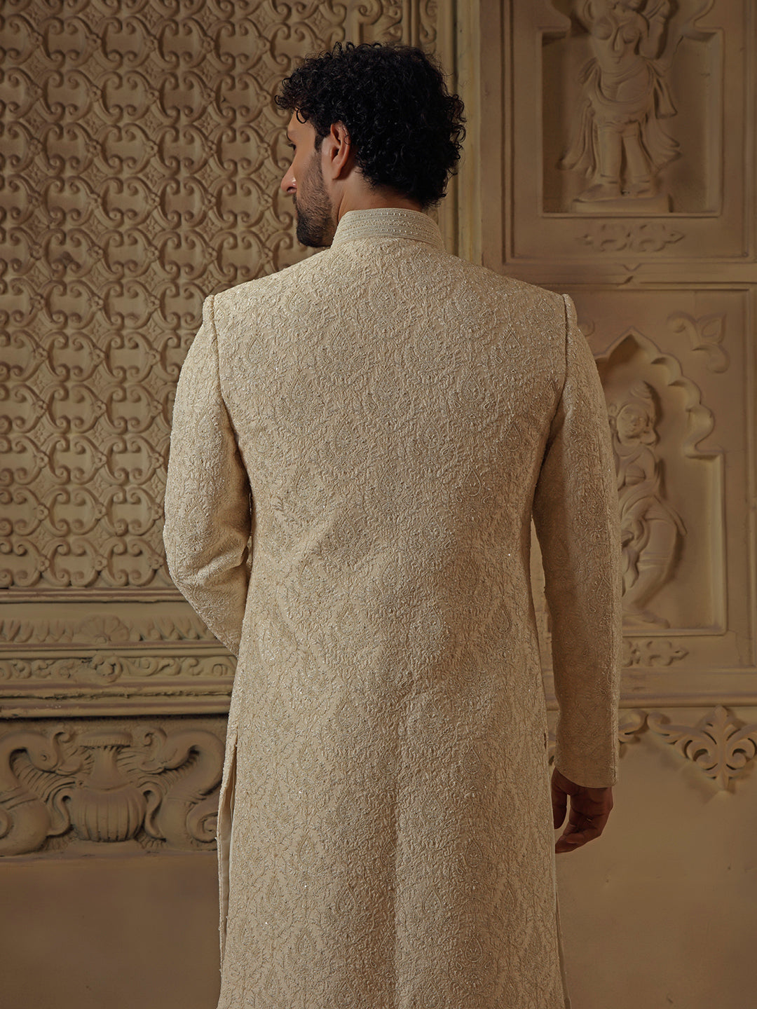 Beige All Over Pearl Jaal Sherwani Set