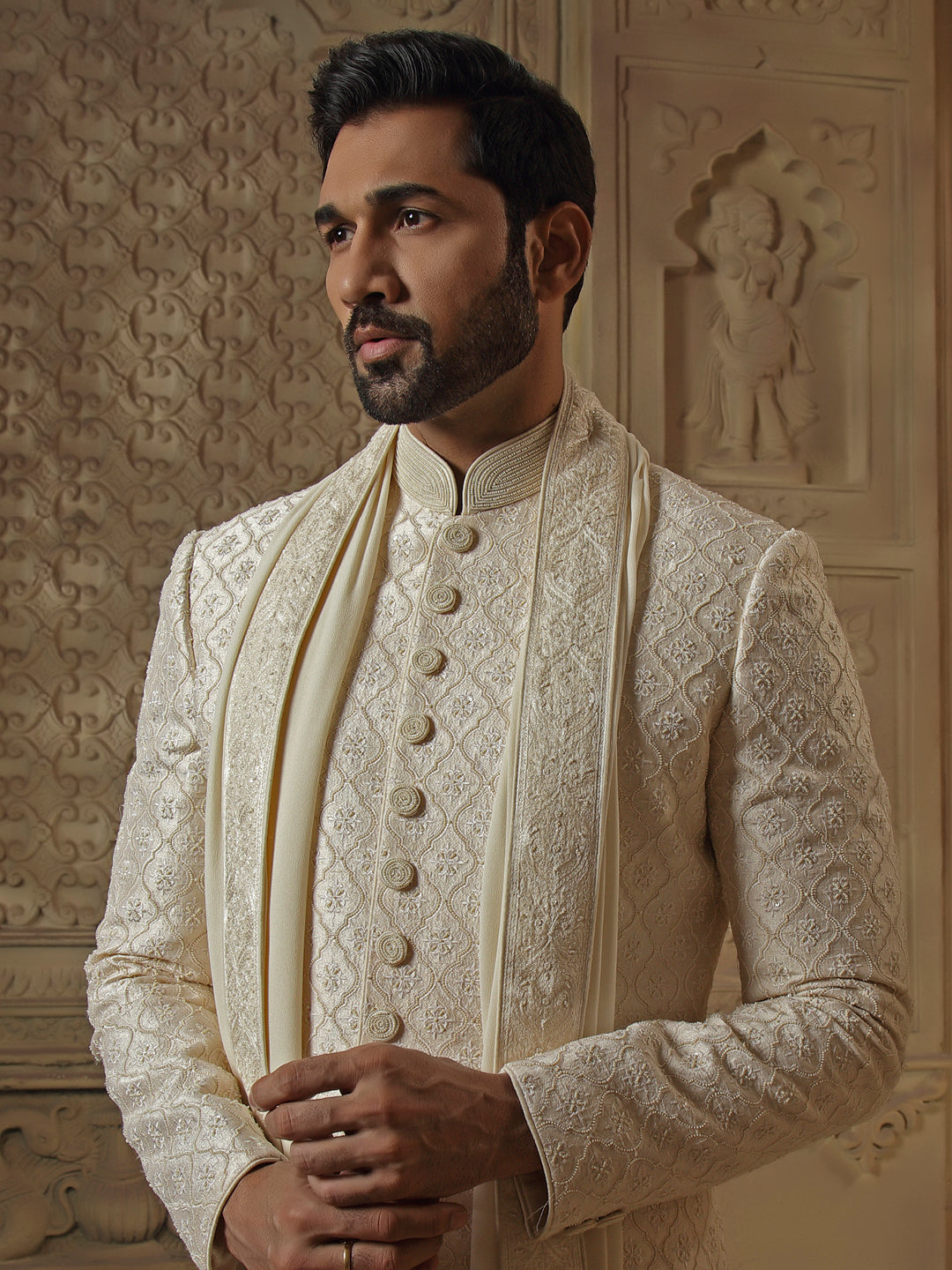 All Over Pearl Jaal Sherwani Set