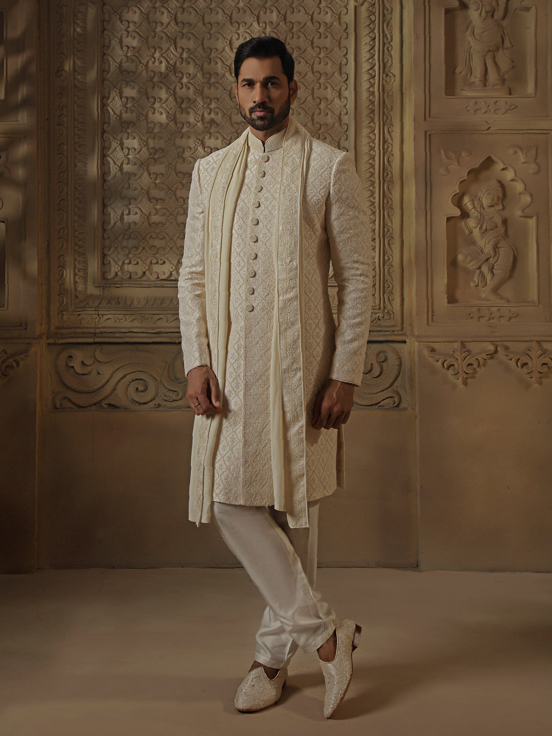 All Over Pearl Jaal Sherwani Set