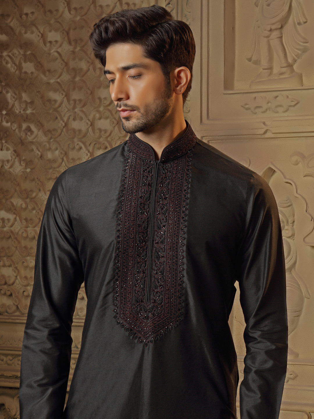 Black Spun Silk Kurta Set