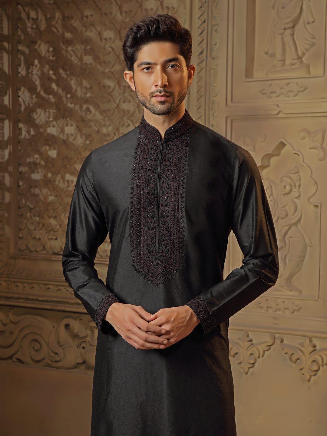 Black Spun Silk Kurta Set