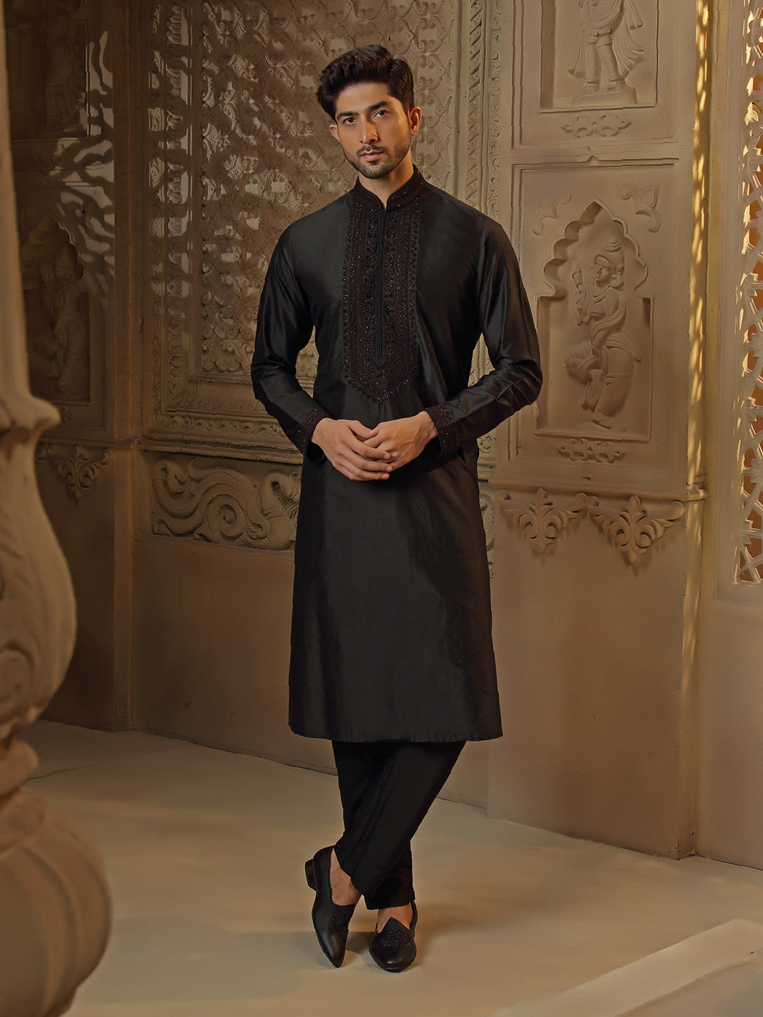 Black Spun Silk Kurta Set