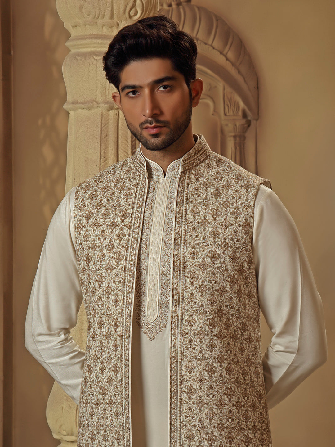 Cream Kashmiri Long Coaty Set