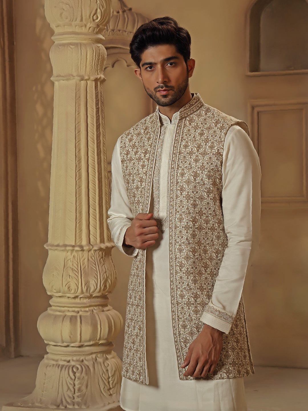 Cream Kashmiri Long Coaty Set