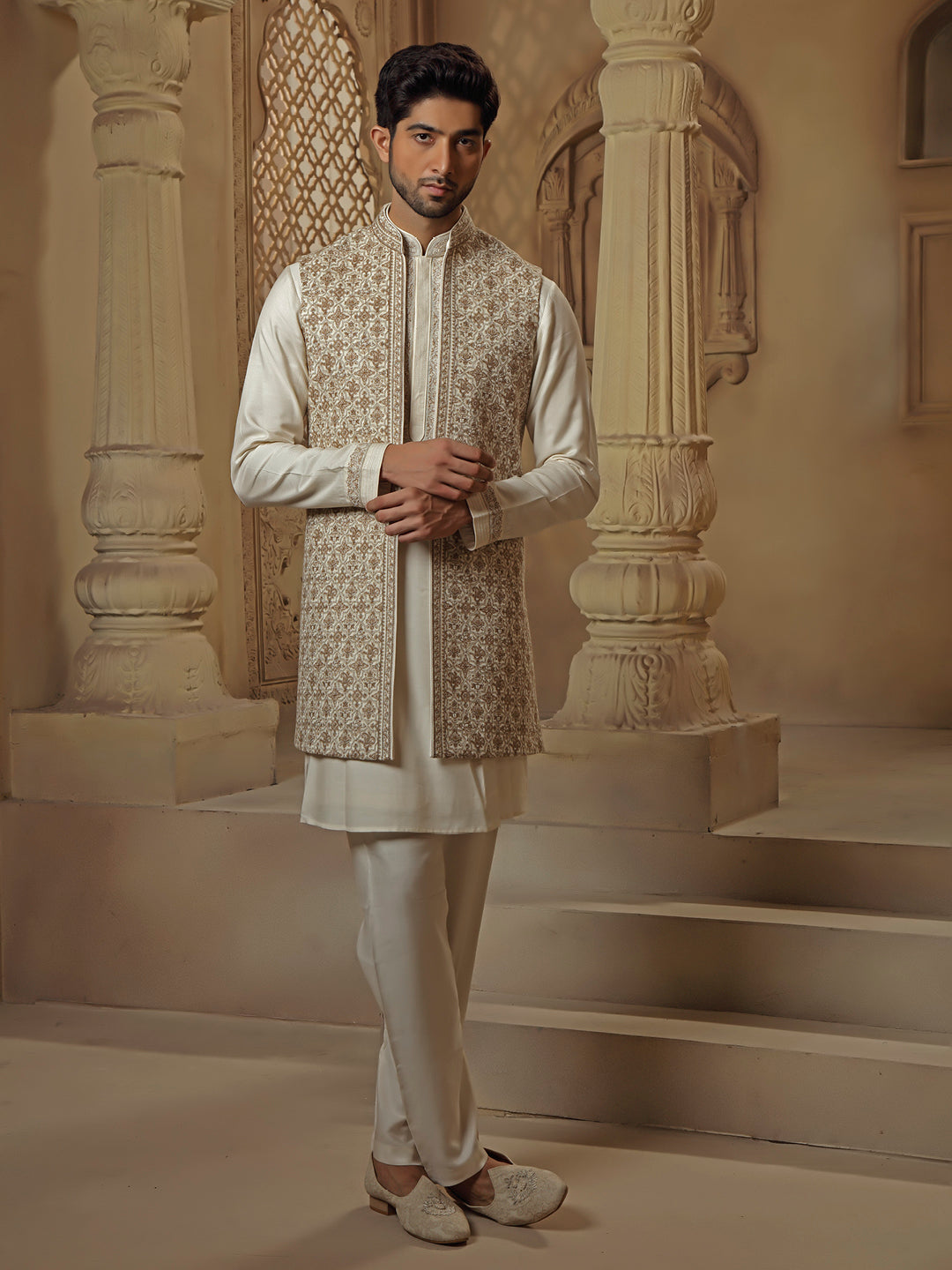 Cream Kashmiri Long Coaty Set