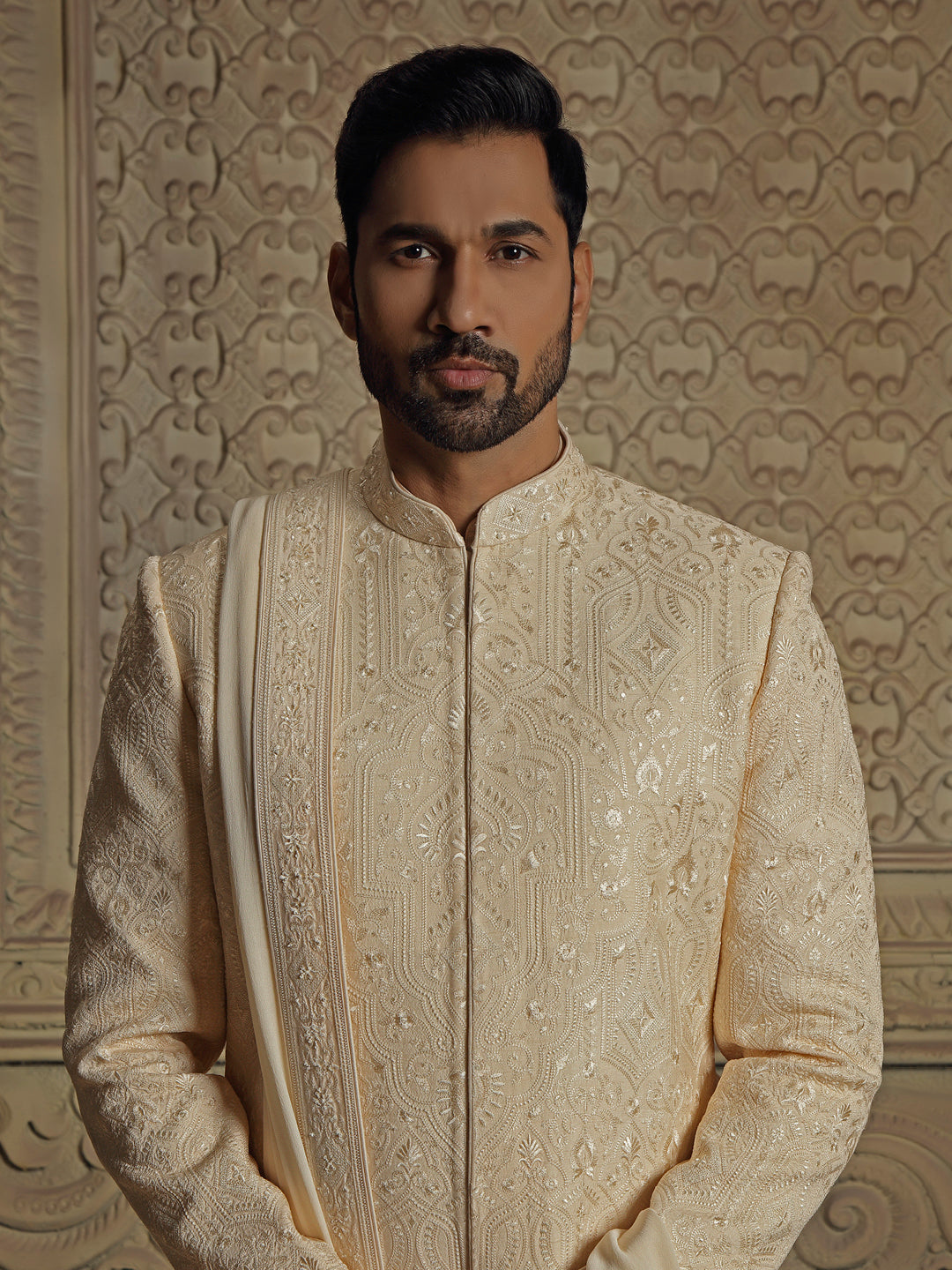 Pearl Jamevar Embroidery Sherwani Set