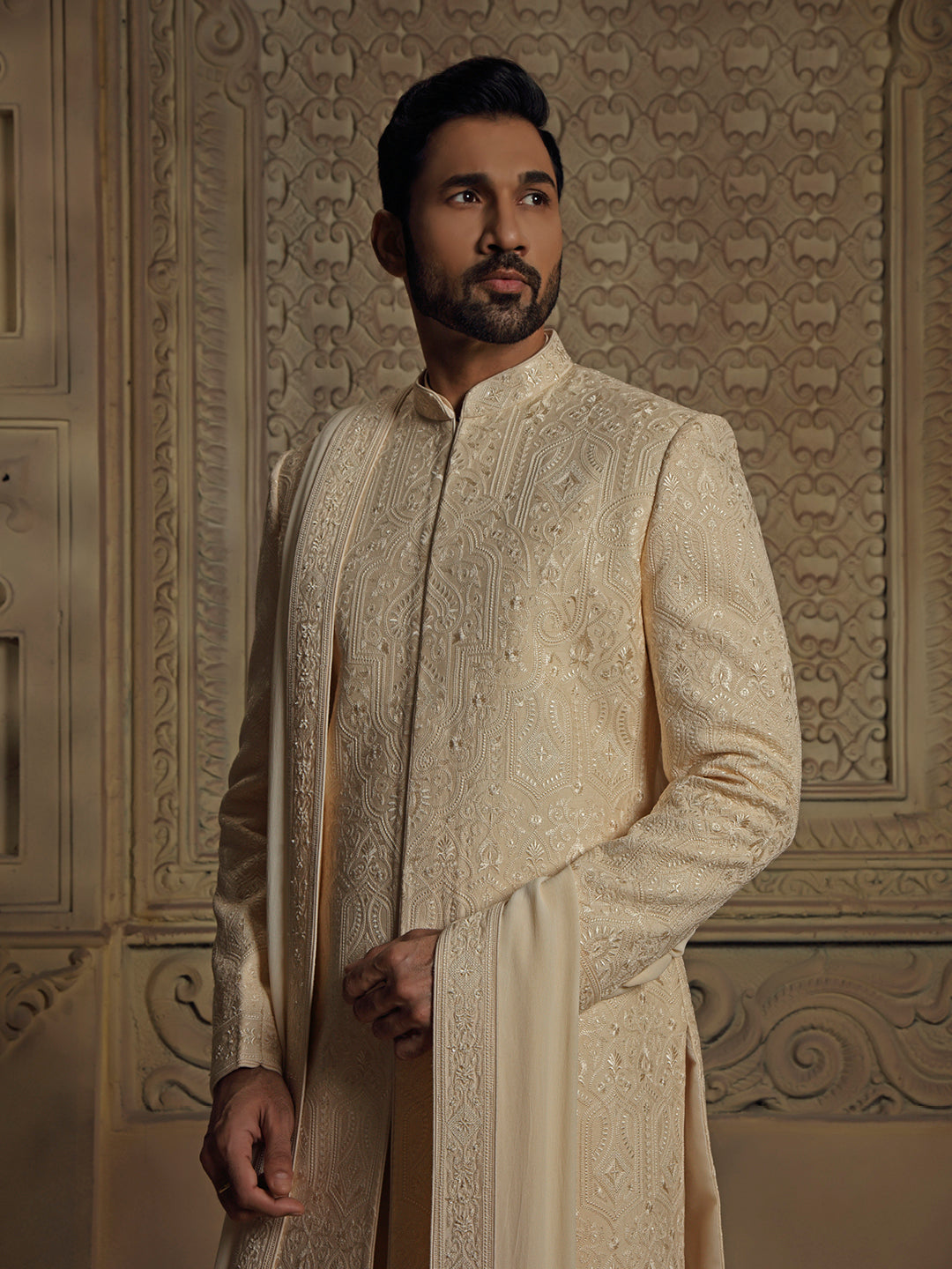 Pearl Jamevar Embroidery Sherwani Set