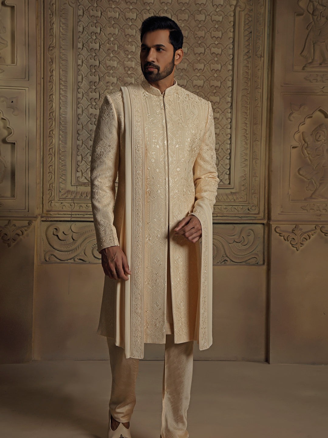 Pearl Jamevar Embroidery Sherwani Set