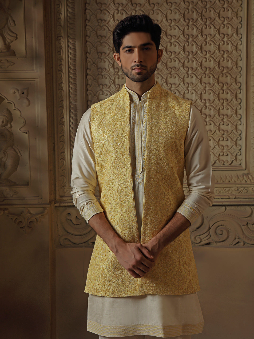 Yellow All Over Pearl Jaal Coaty Set