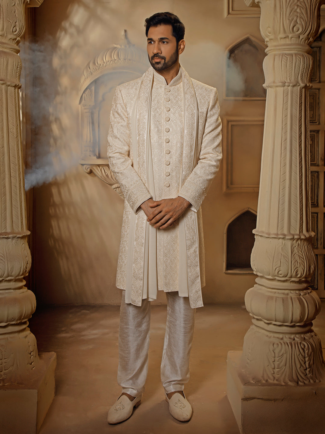 PEARL COLOUR SHERWANI WITH ALLOVER DIGITAL EMBROIDERY