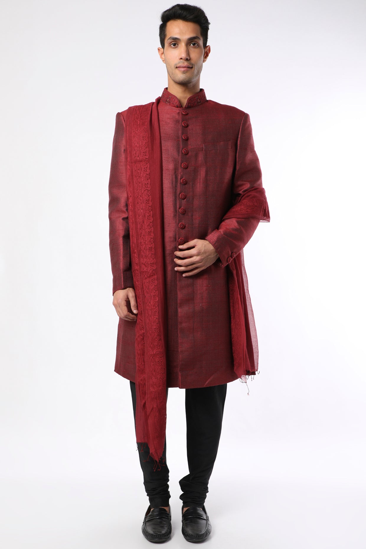 Dark Red Matka Silk Sherwani Set