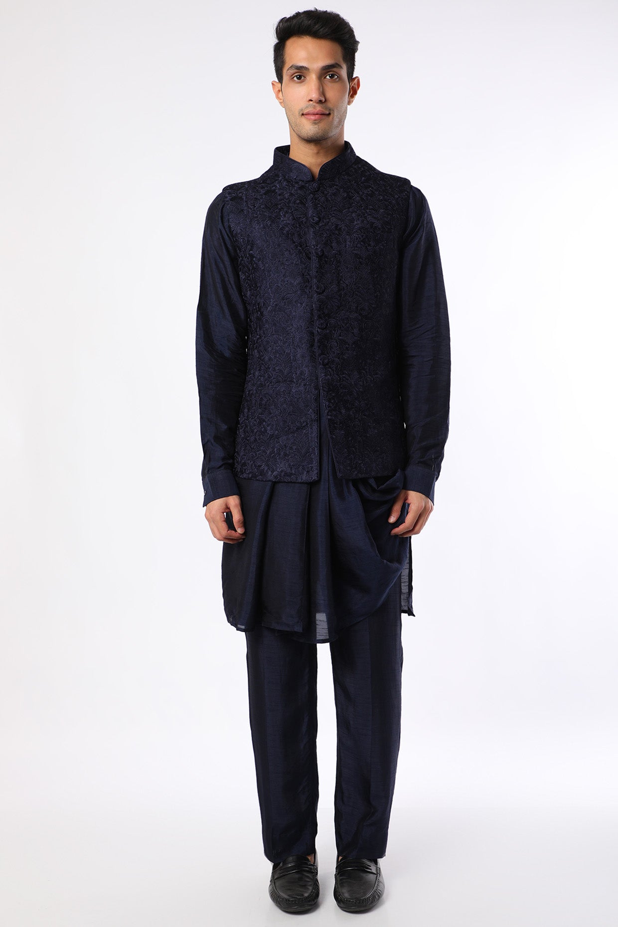 Blue Silk Embroidered Bundi Jacket With Kurta Set