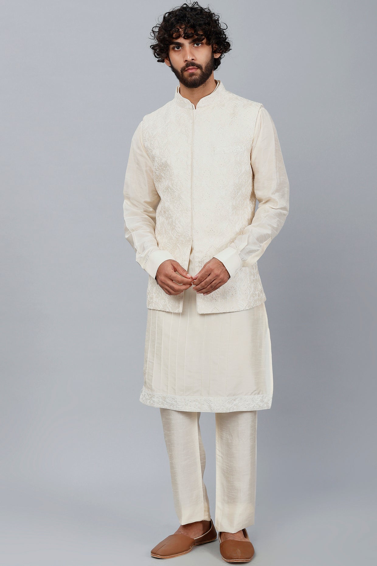 Cream Embroidered Nehru Jacket With Kurta Set