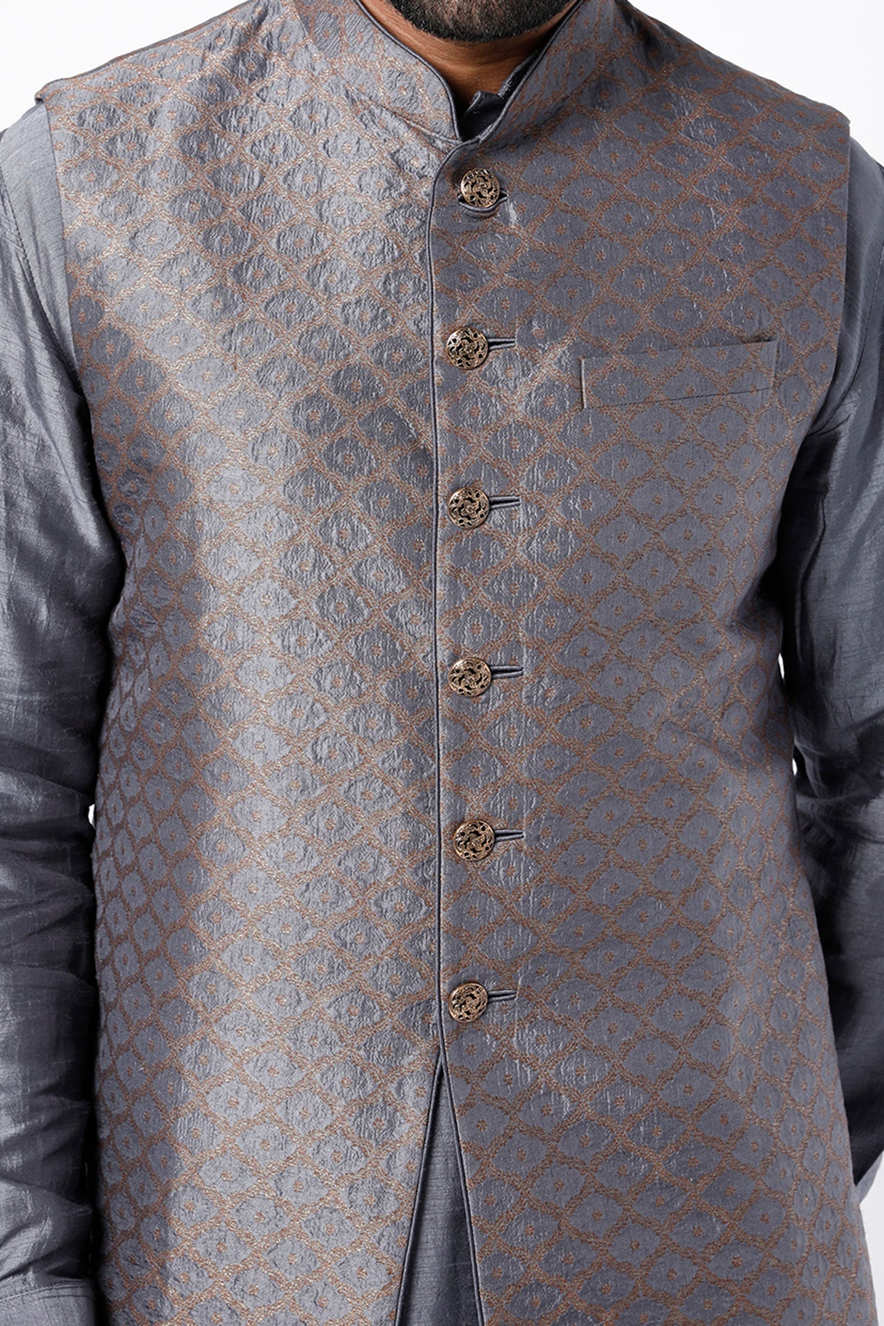 Grey Kurta Set With Bundi Jacket