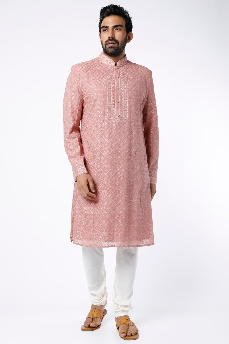 Peach Halter Embroidered Kurta Set with Organza Embroidered Dupatta