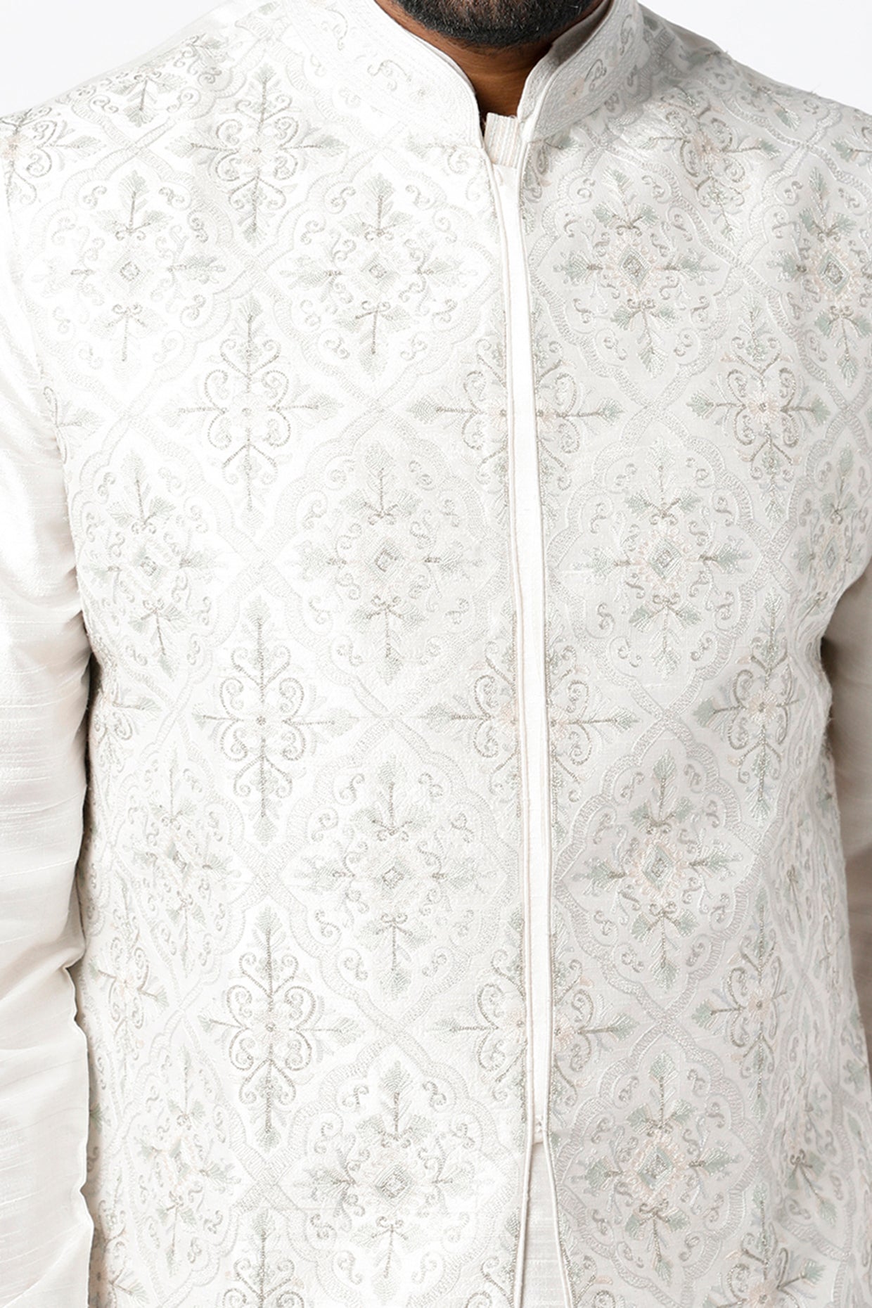White Silk Kurta Set With Bundi Jacket