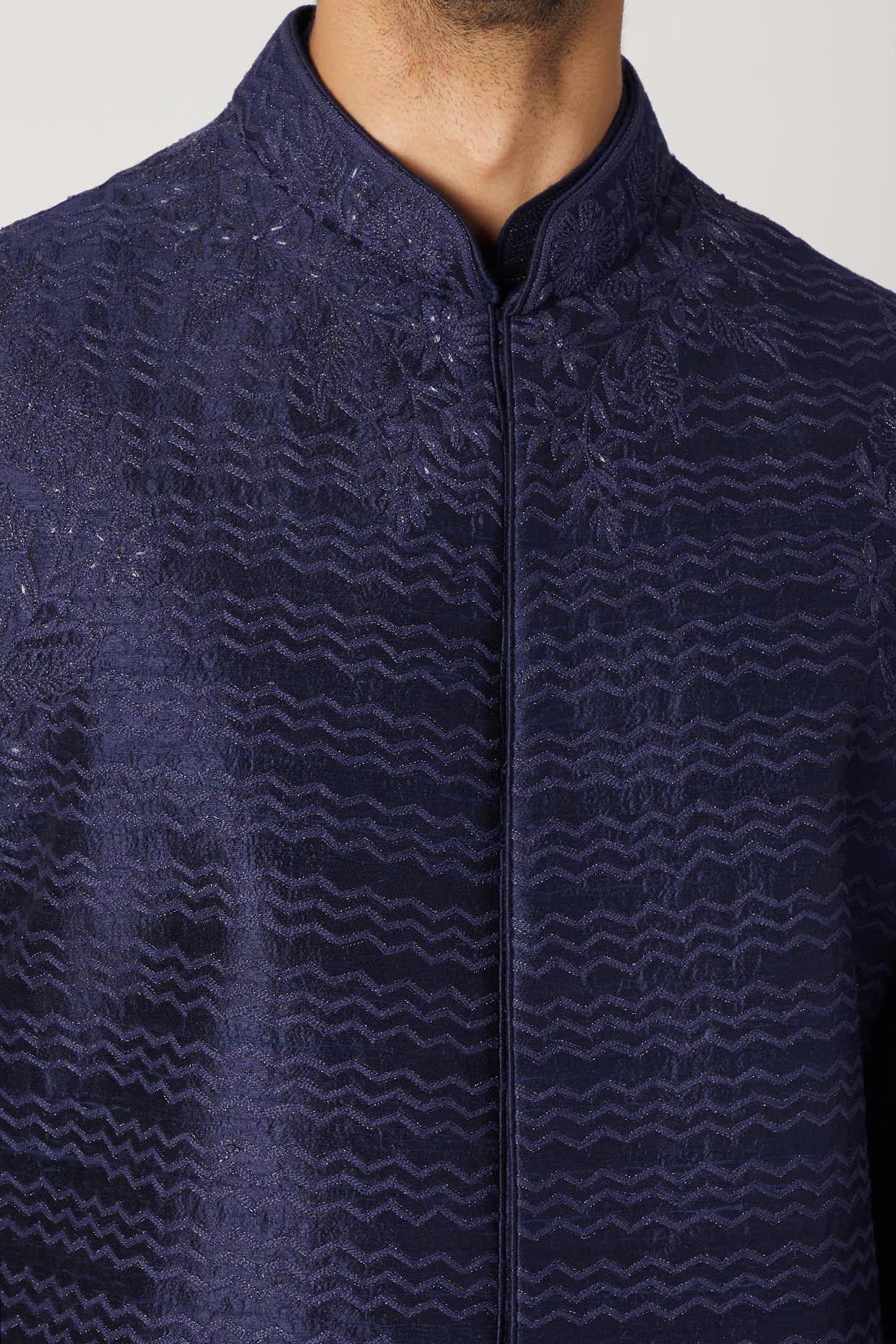 Cobalt Blue Embroidered Kurta Set With Bundi Jacket