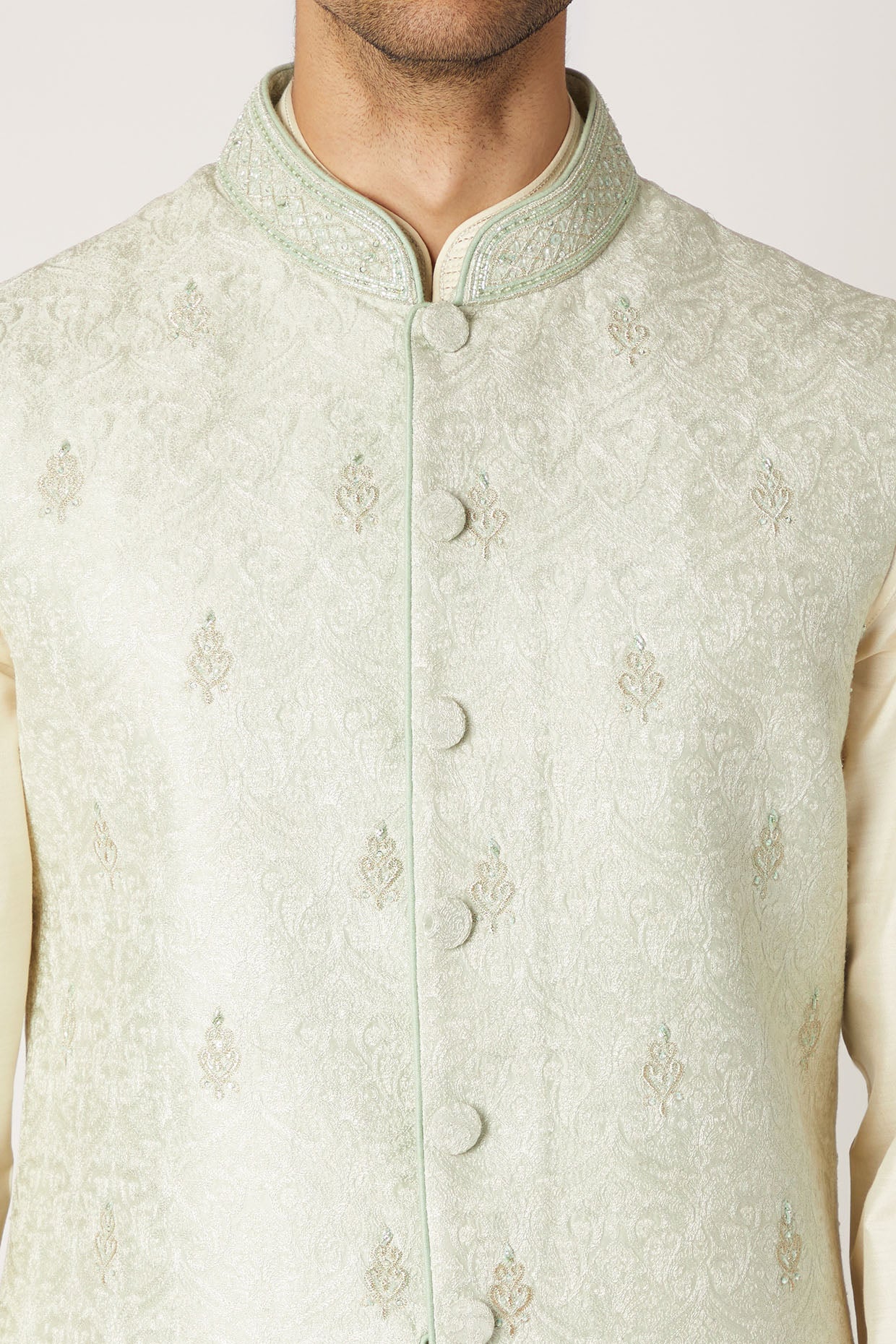 Mint Green Embroidered Kurta Set With Long Bundi Jacket