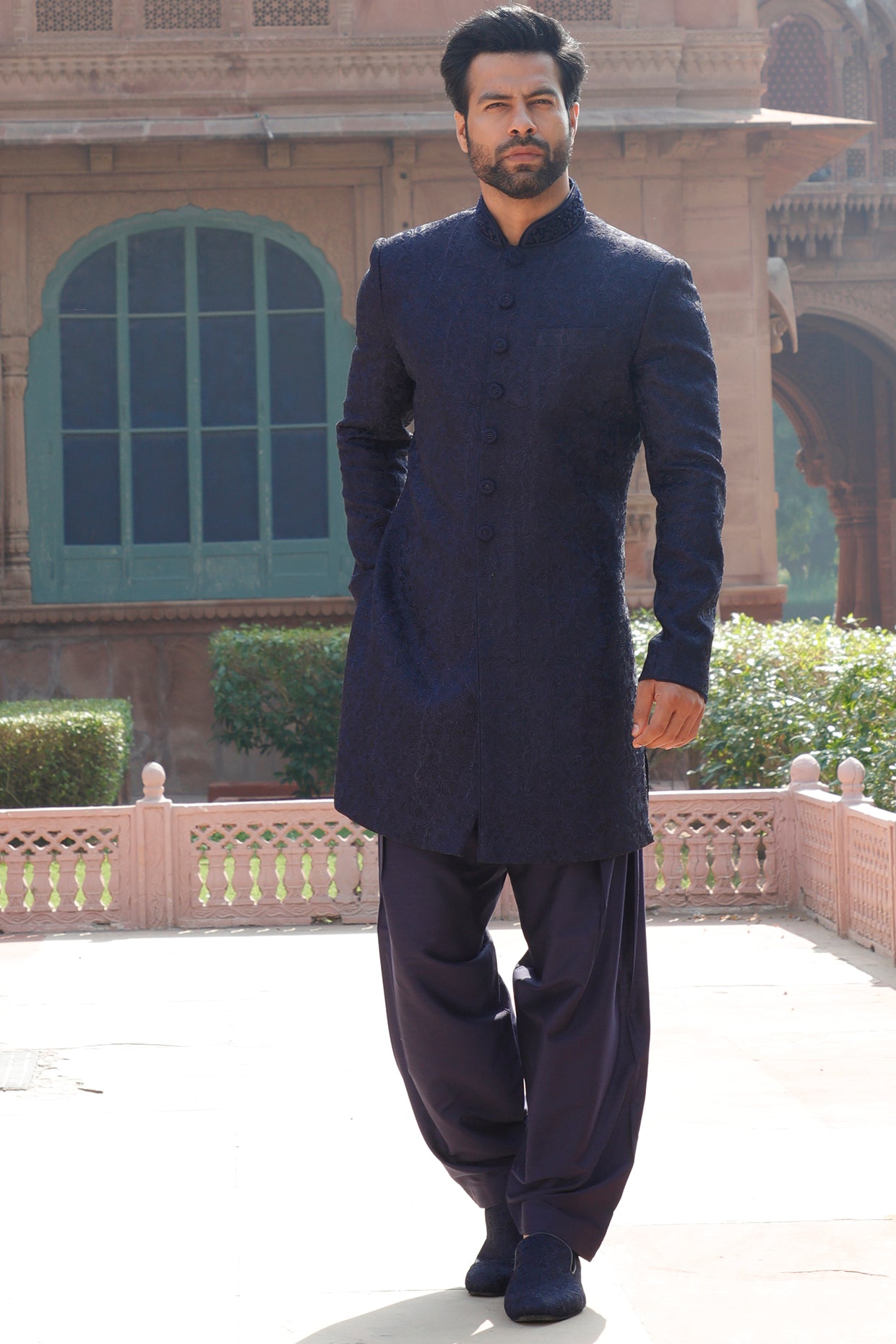 Blue Embroidered Sherwani With Pants