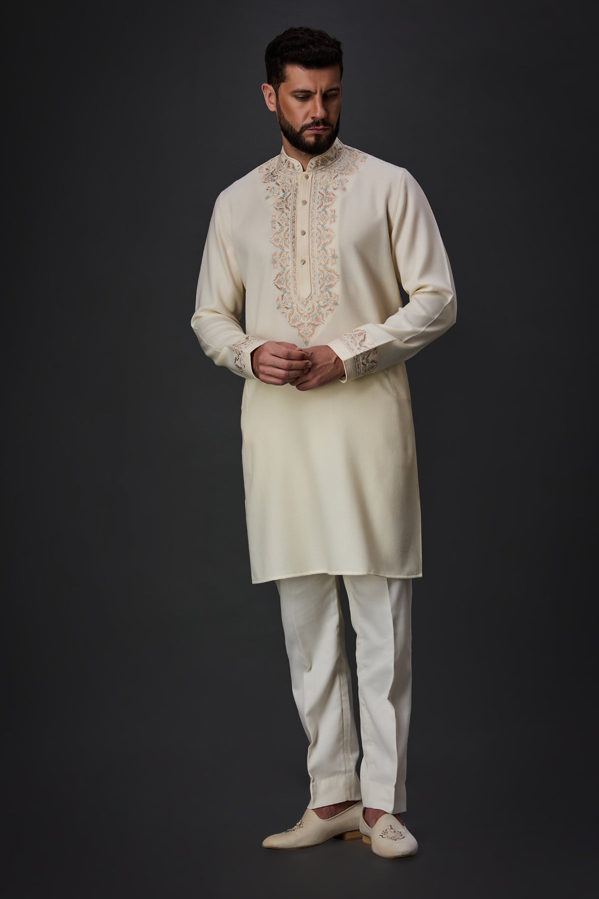 Cream Kashmiri Embroidery Kurta Set