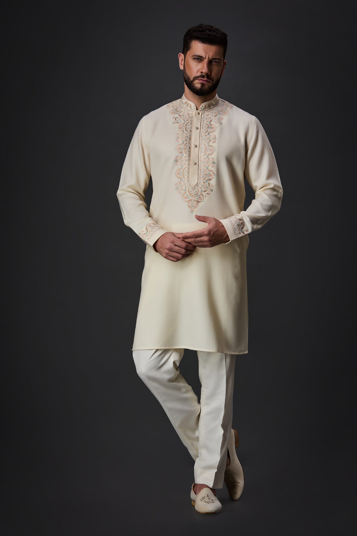 Cream Kashmiri Embroidery Kurta Set