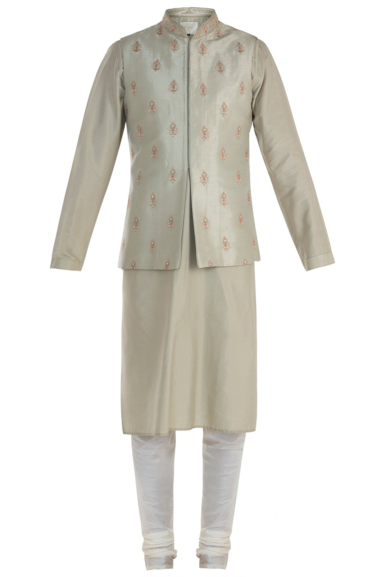 Mint Embroidered Waist Coat With Kurta And Pants
